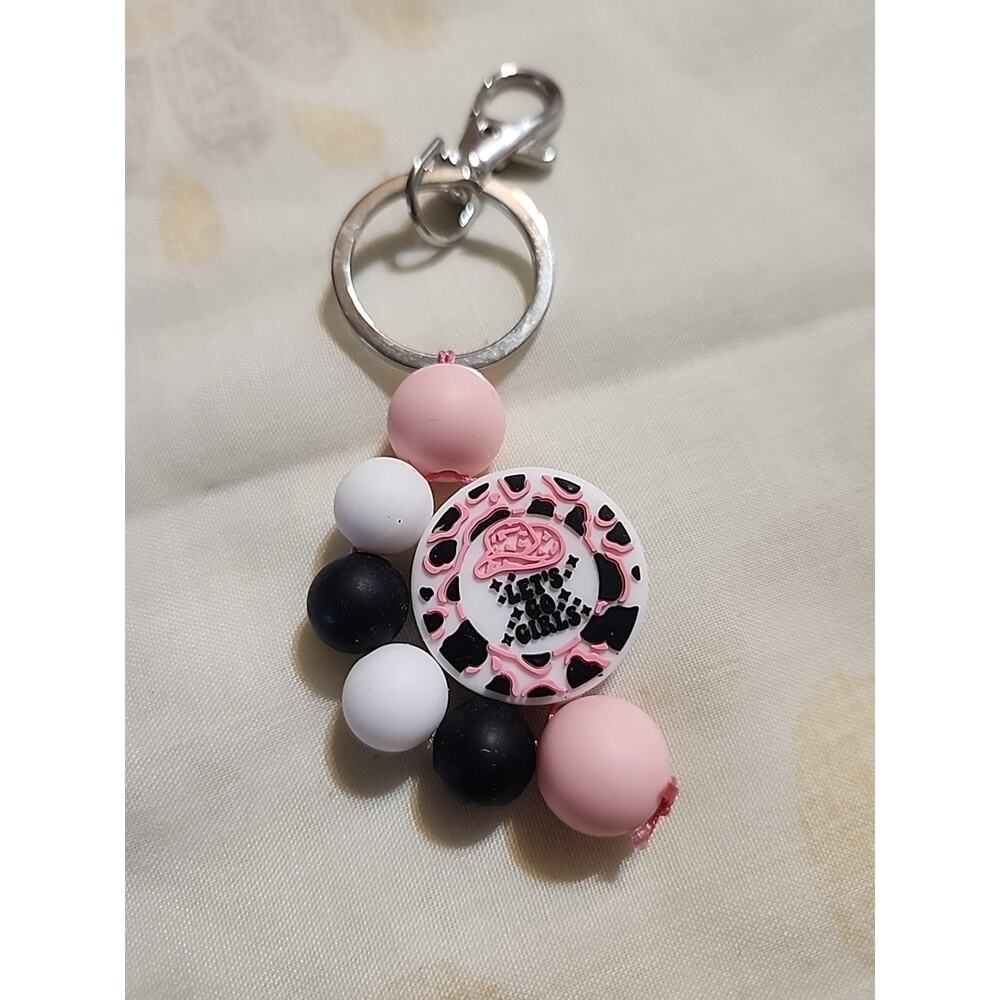 Silicone Bead Keychain Cowgirl 'Let's Go Girl' Pink Black White Handmade